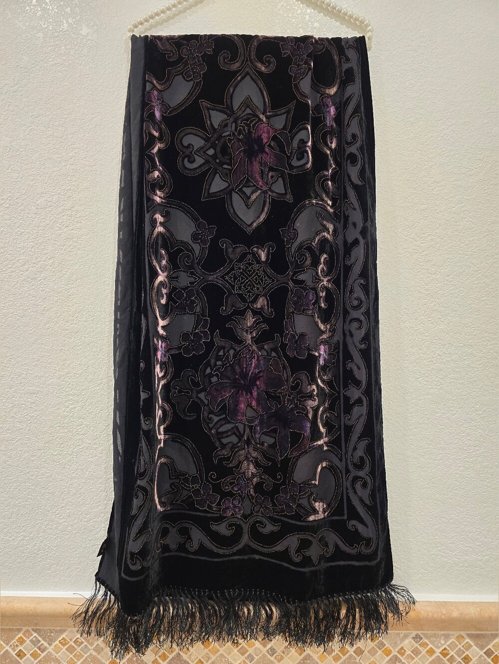 Vintage Lucy Silk Shawl Velvet Black Purple Floral